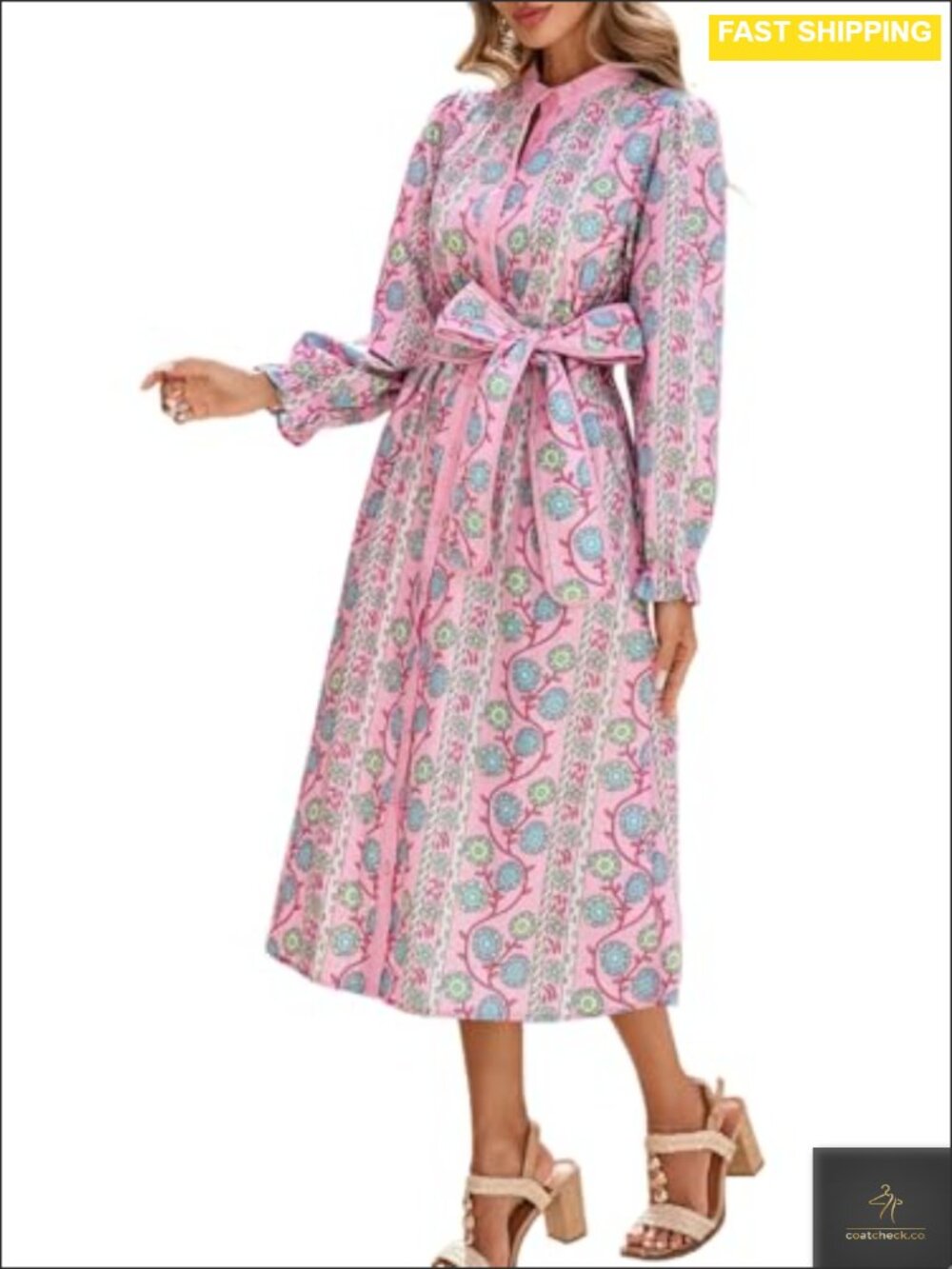 Floral Midi Dress Long Sleeve Button Down Shirt Dress with Belt
